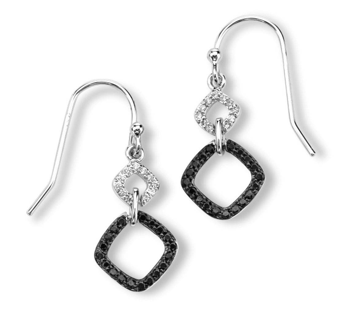 Black and White CZ Graduated Square Dangle Earrings, Rhodium Plated Sterling Silver