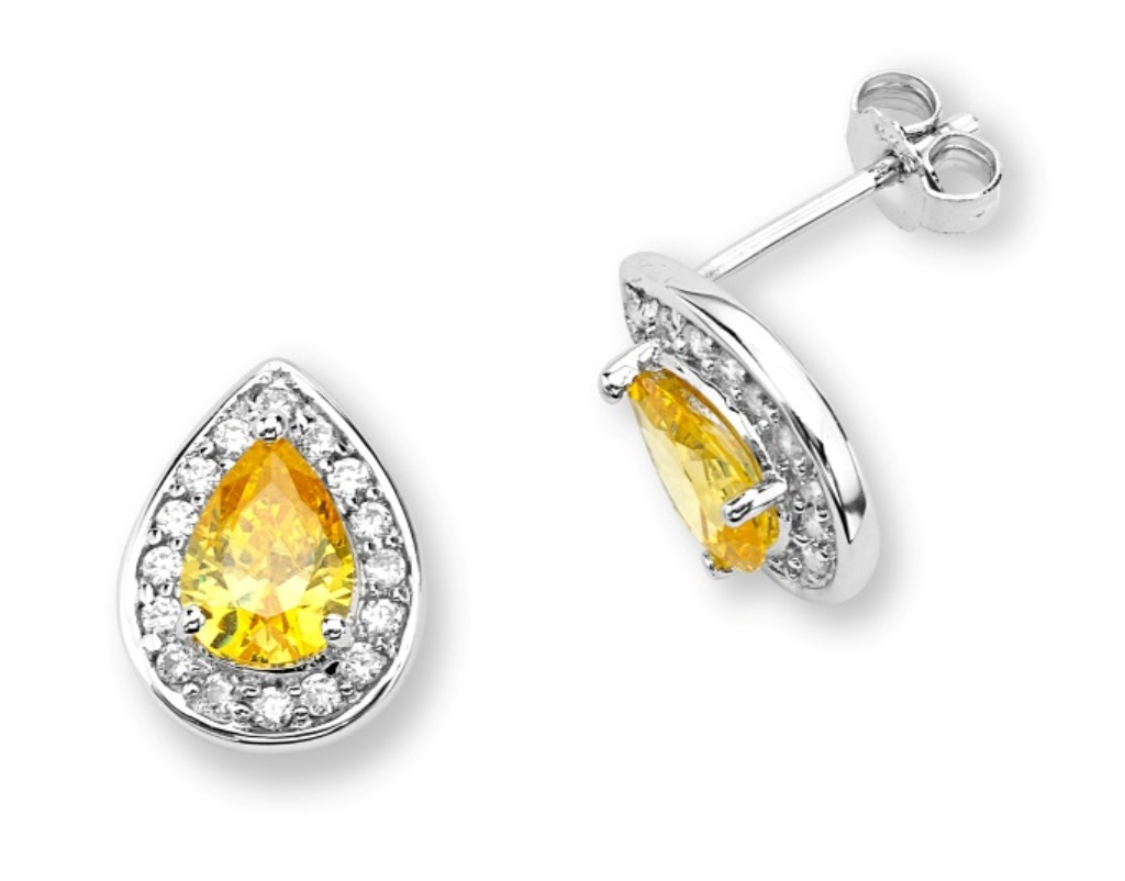 Inlaid Yellow and White CZ Drop Earrings, Rhodium Plated Sterling Silver