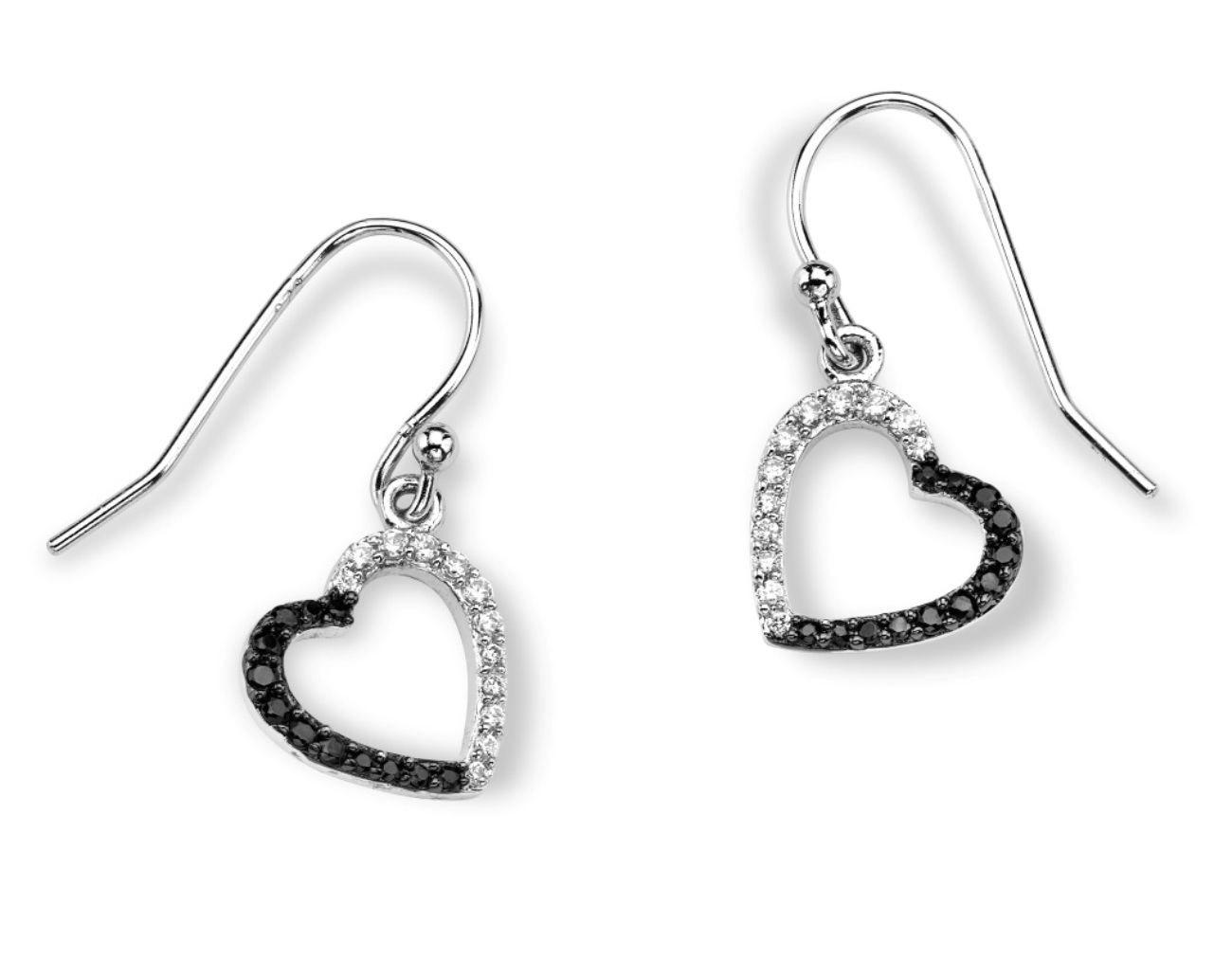 Black and White CZ French Hook Heart Earrings, Rhodium Plated Sterling Silver