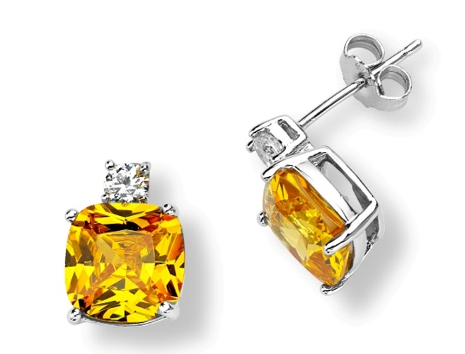 Square Sunshine Yellow CZ Post Earrings, Rhodium Plated Sterling Silver