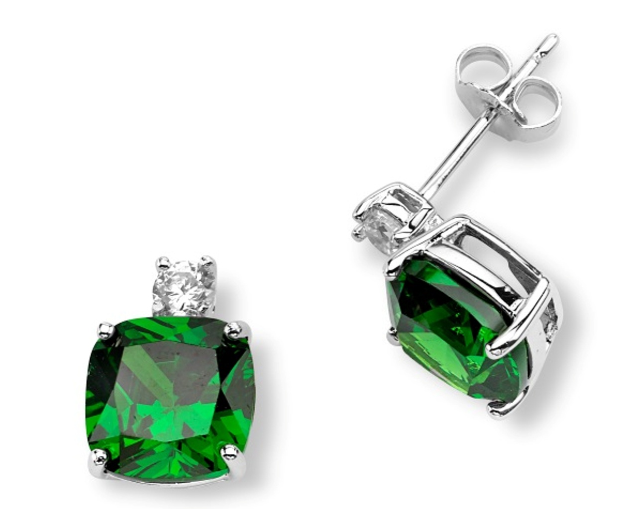 Lush Green CZ Post Earrings, Rhodium Plated Sterling Silver