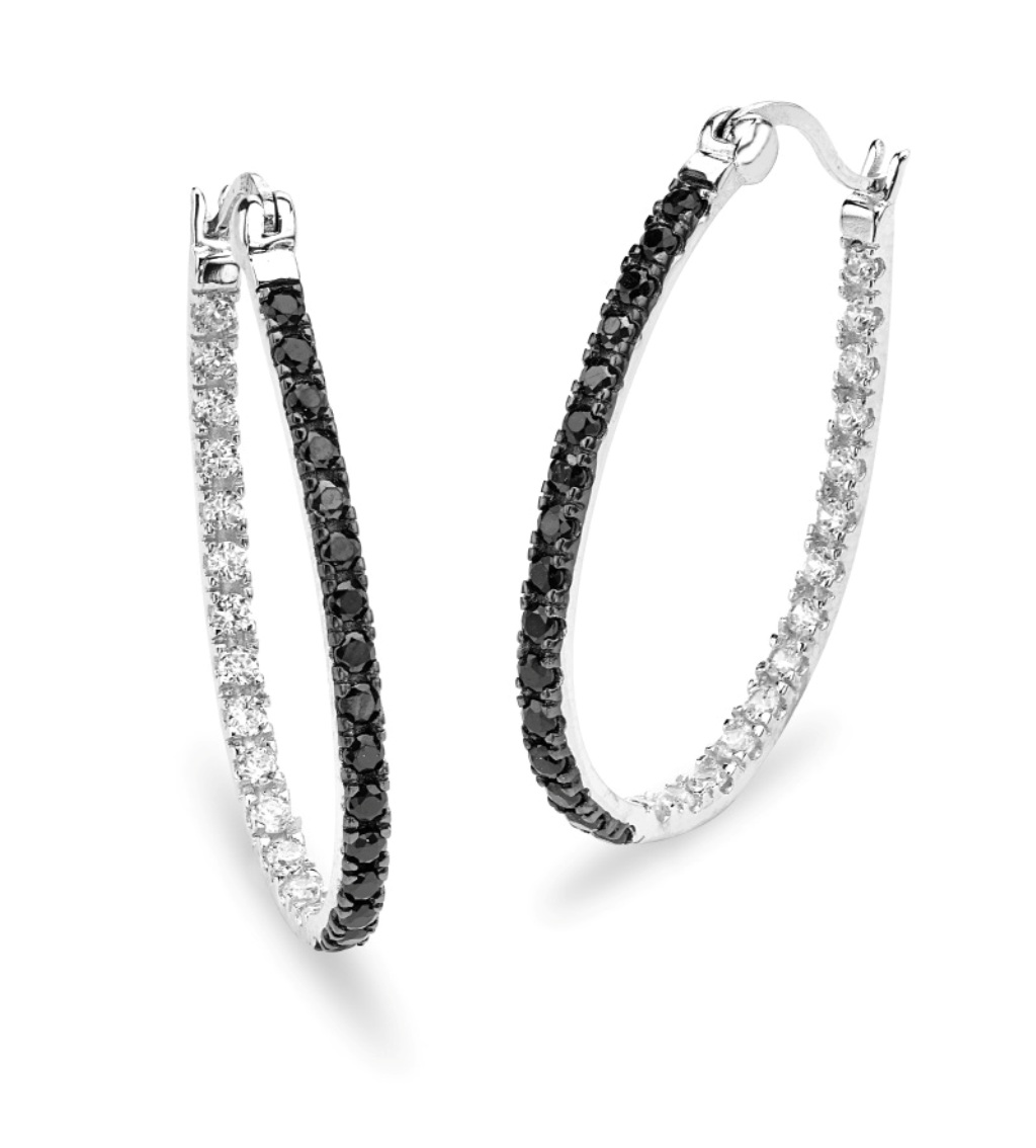 Black and Clear CZ Oval Hoops Earrings, Rhodium Plated Sterling Silver