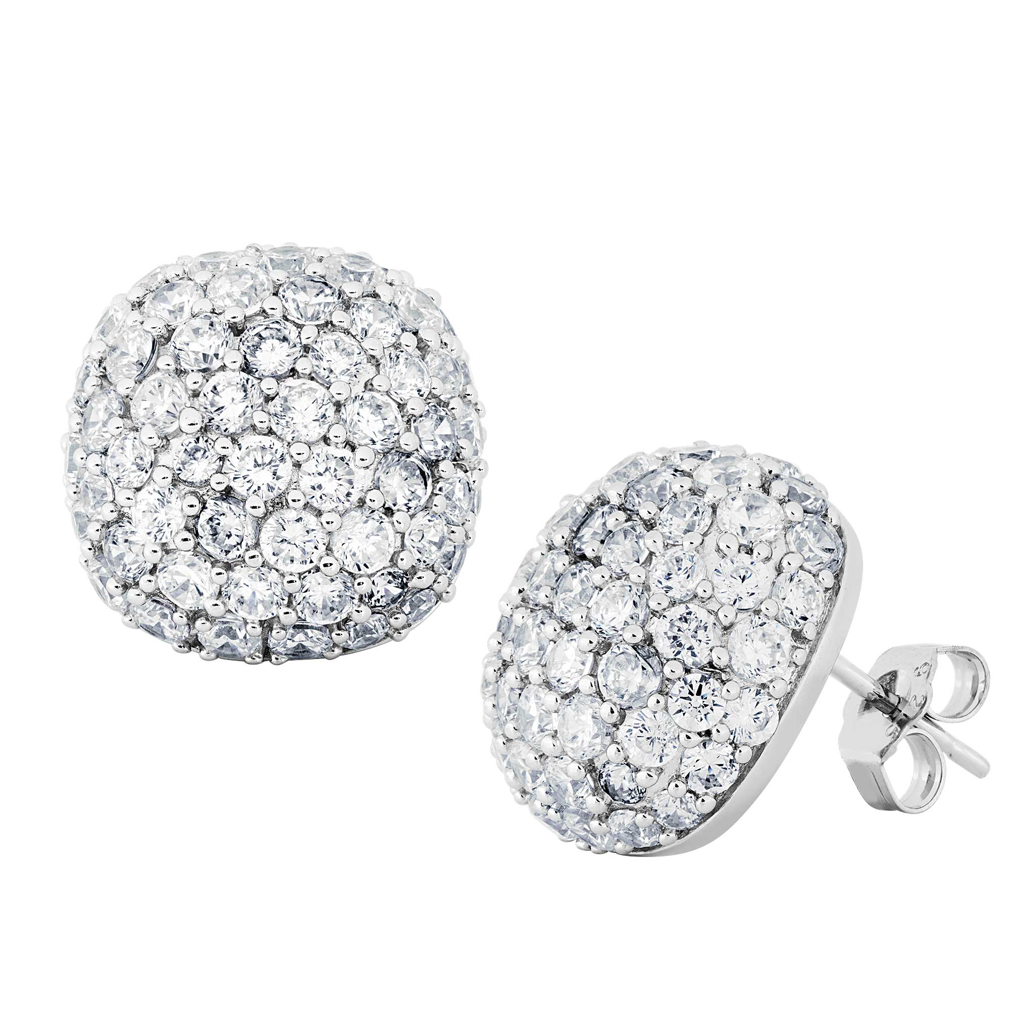 Dome Round Cubic Zirconia Earrings, Rhodium Plated Sterling Silver