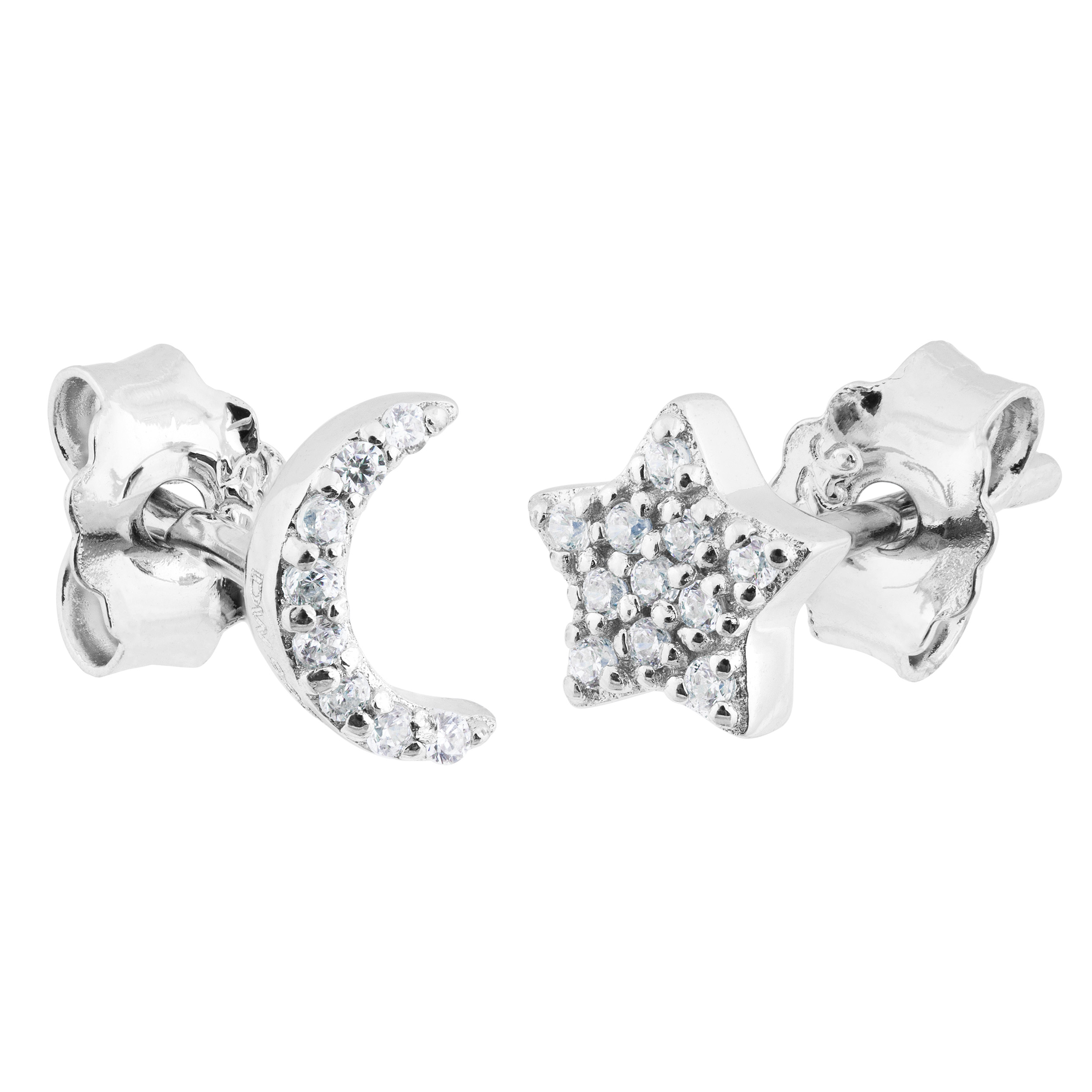 Moon and Star Stud Earrings, Rhodium Plated Sterling Silver