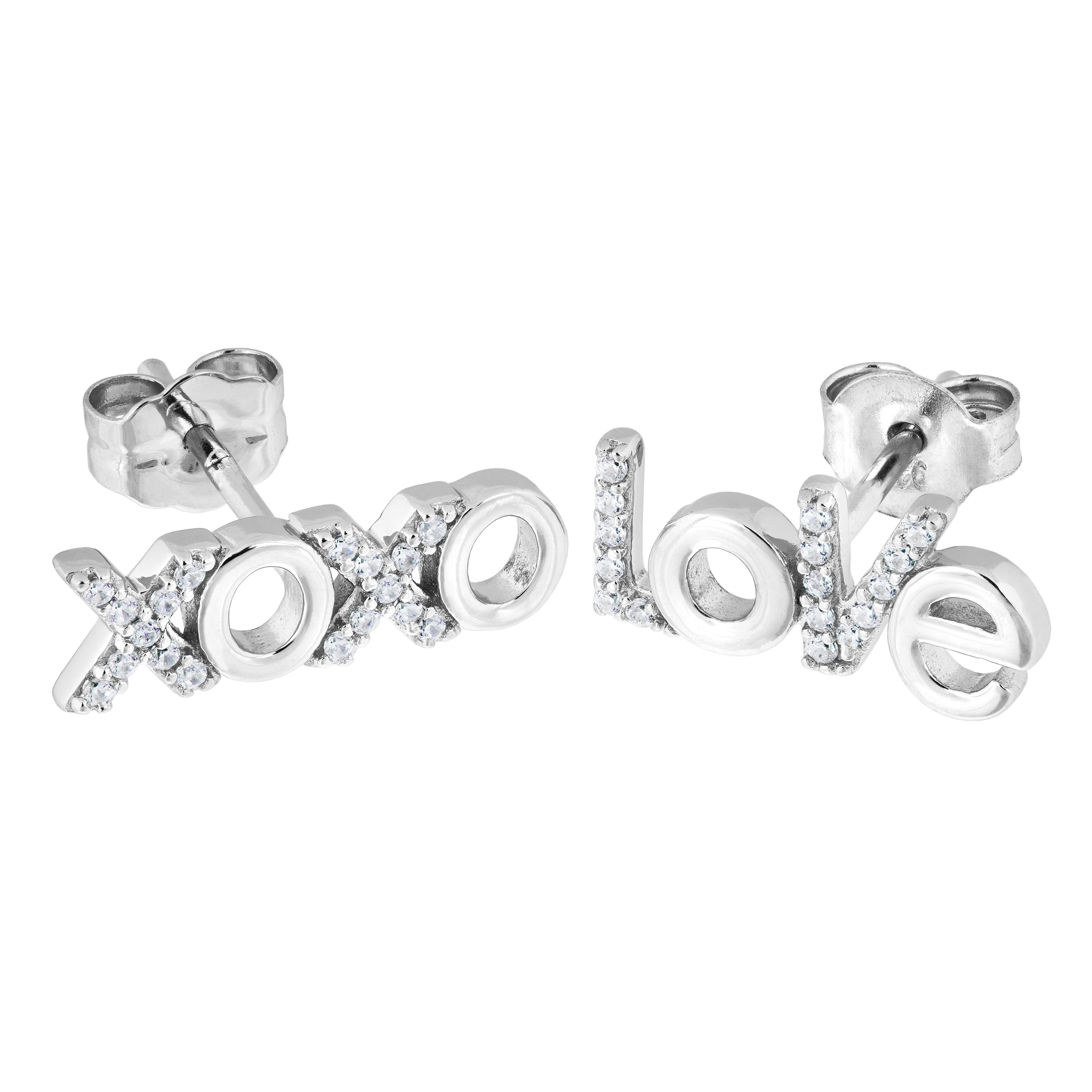 LOVE' and 'XOXO' Cubic Zirconia Earrings, Rhodium Plated Sterling Silver
