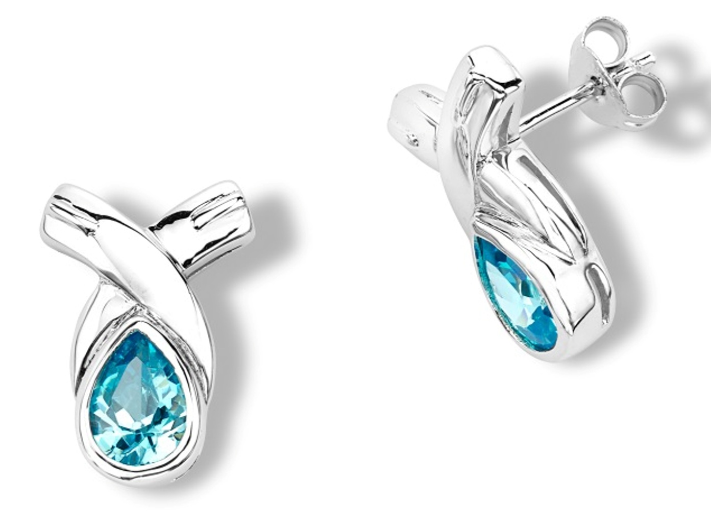 Inlaid Pear Blue Topaz 'X' Post Earrings, Rhodium Plated Sterling Silver