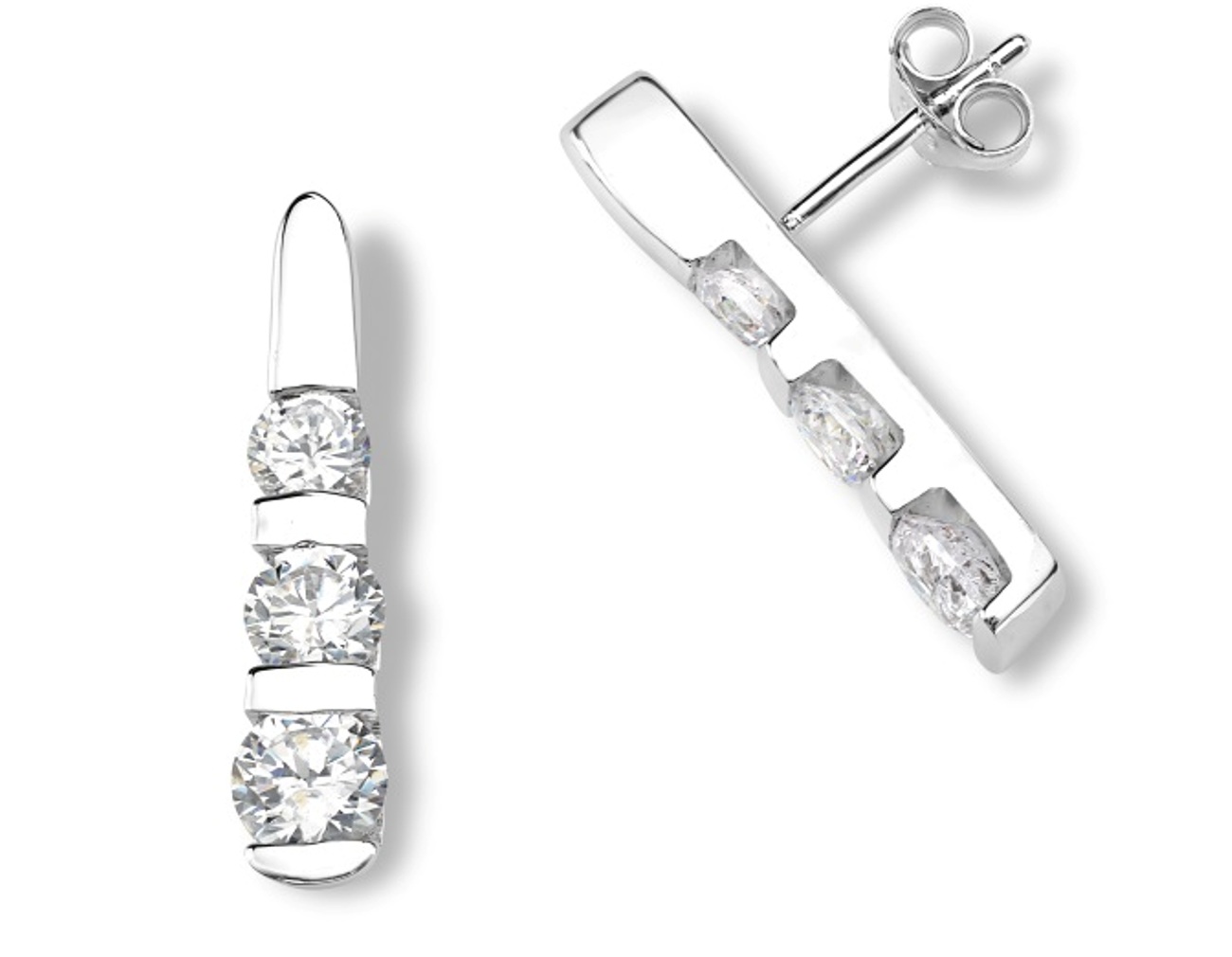 Graduated CZ Stud Earrings, Rhodium Plated Sterling Silver.