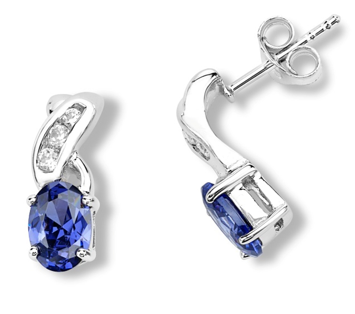 Oval Pure Blue CZ and White CZ 'X' Earrings, Rhodium Plated Sterling Silver