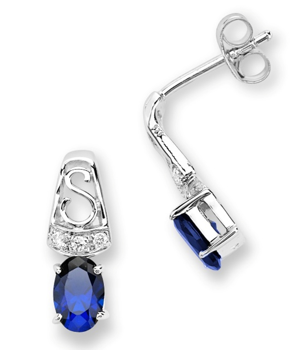 Created Oval Blue Sapphire and CZ Stud Earrings, Rhodium Plated Sterling Silver