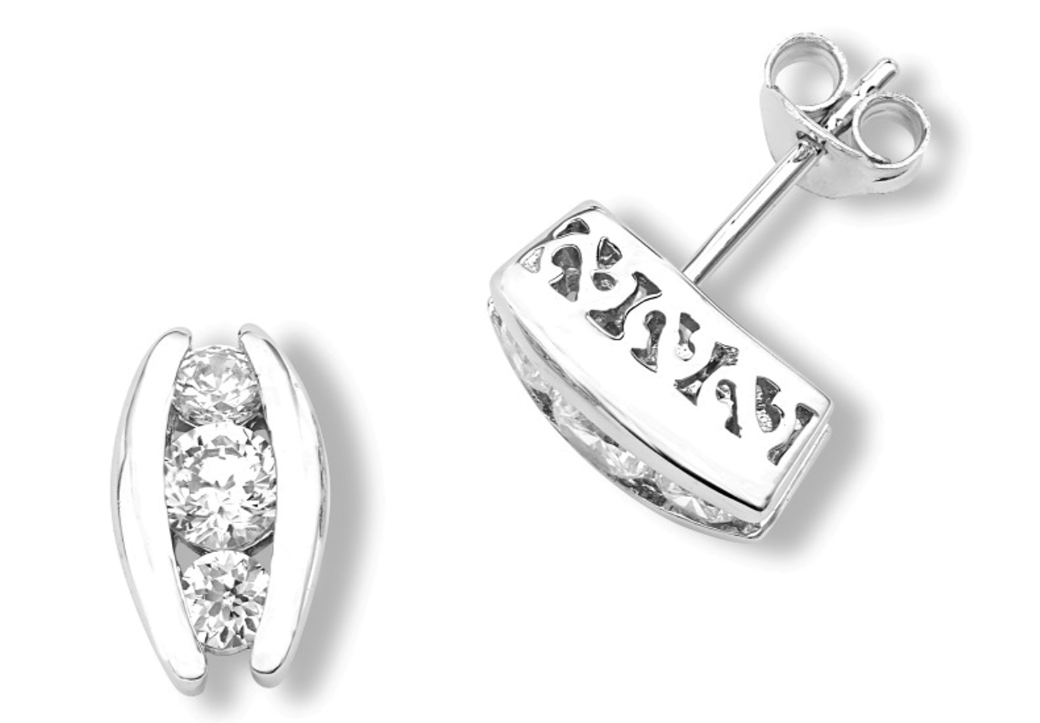 Round CZ Crescent Moon Earrings, Rhodium Plated Sterling Silver.