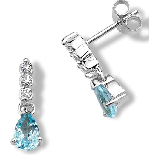 Pear Shaped Blue Topaz CZ Drop Earrings, Rhodium Plated Sterling Silver