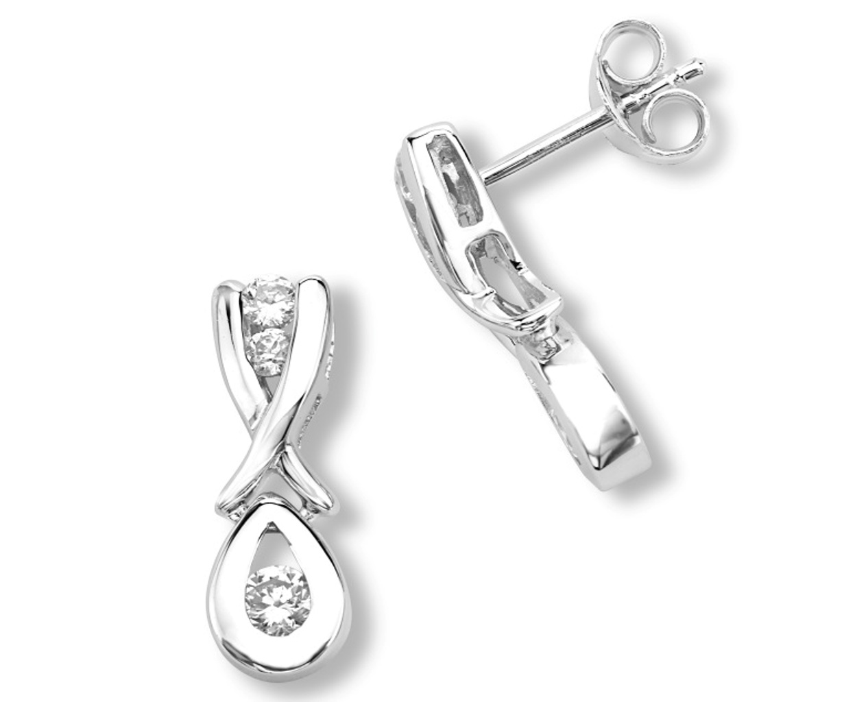 Round CZ Pear Earrings, Rhodium Plated Sterling Silver.
