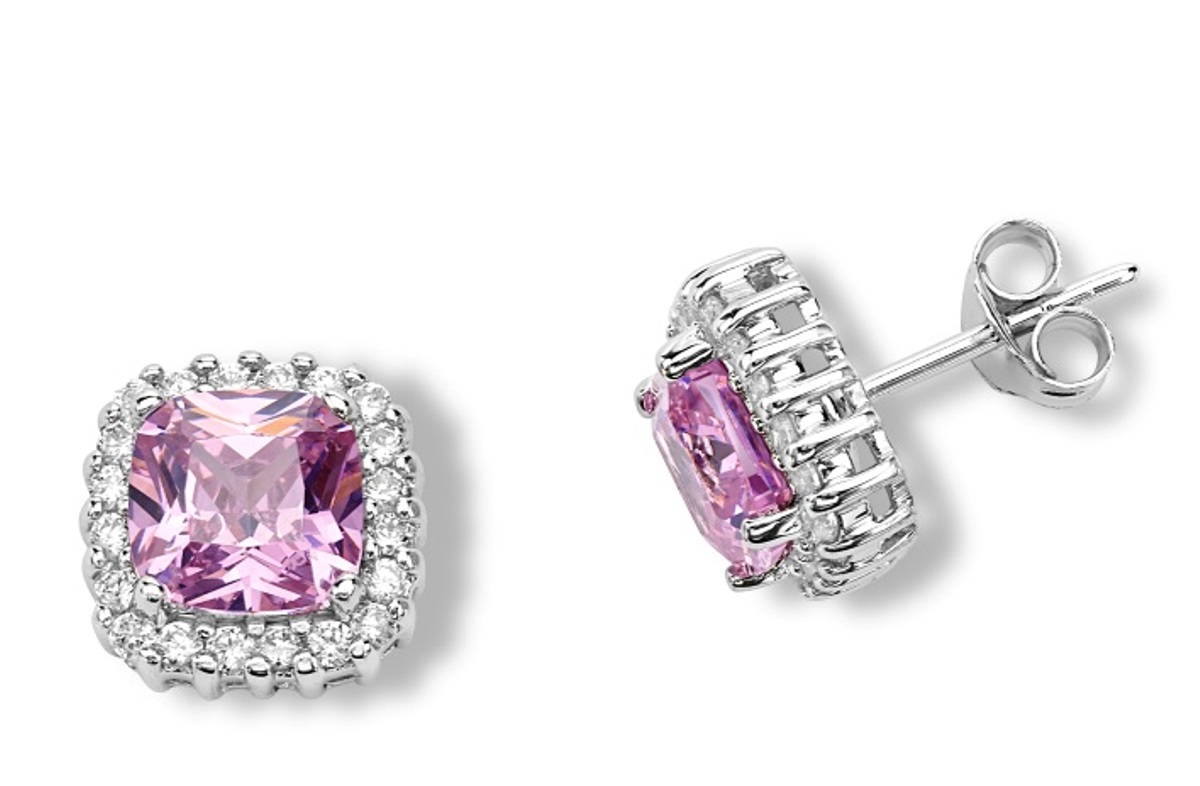Square Pink CZ and White CZ Earrings, Rhodium Plated Sterling Silver