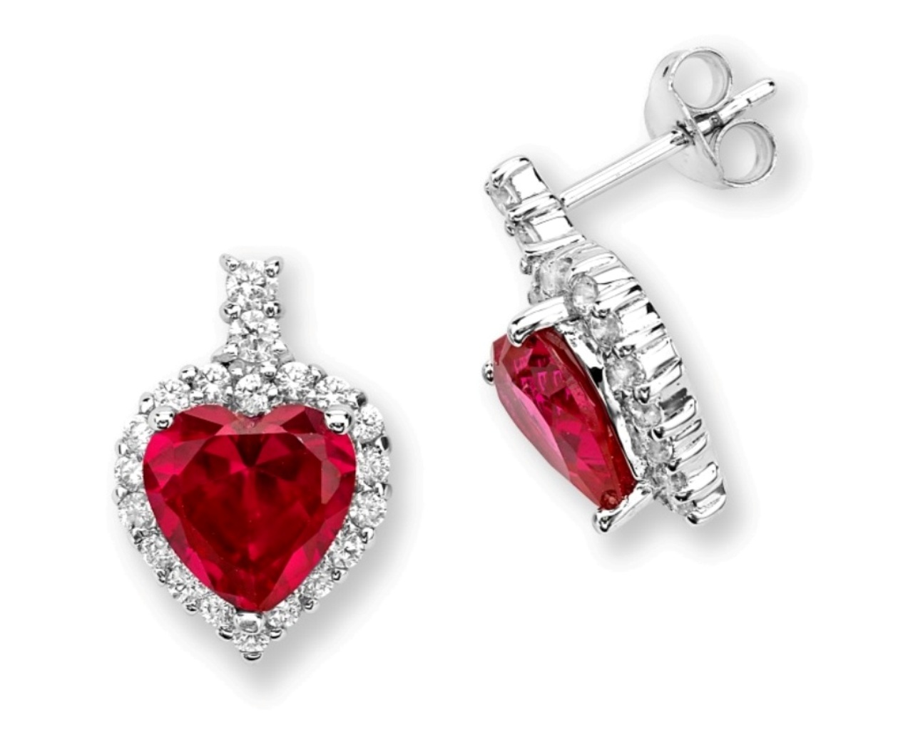 Created Ruby and White CZ Heart Post Earrings, Rhodium Plated Sterling Silver