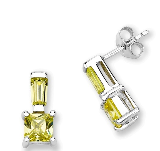 Princess-Cut Yellow CZ Post Earrings, Rhodium Plated Sterling Silver