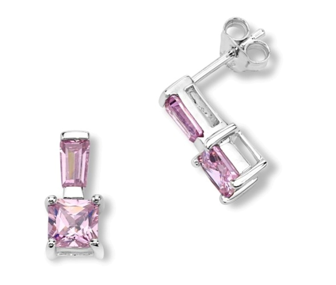 Princess-Cut Pink CZ Post Earrings, Rhodium Plated Sterling Silver