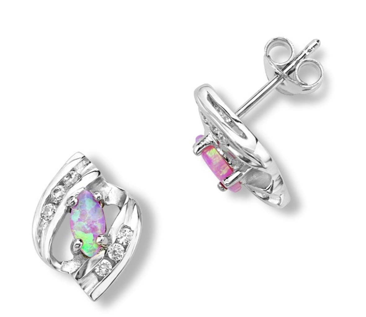 Created Pink Opal and CZ Post Earrings, Rhodium Plated Sterling Silver