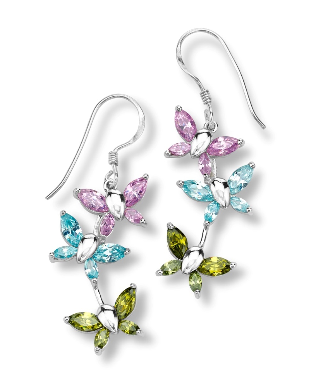 Multi-Colored CZ 3-Butterfly Earrings, Rhodium Plated Sterling Silver