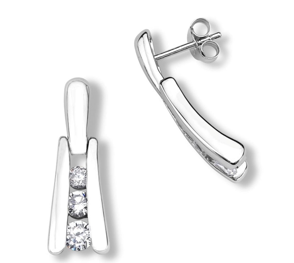 Graduated CZ Trapezium Earrings, Rhodium Plated Sterling Silver.