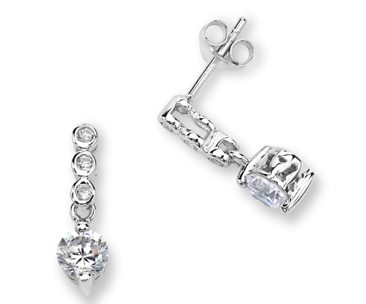 Round CZ Dangle Earrings, Rhodium Plated Sterling Silver . 