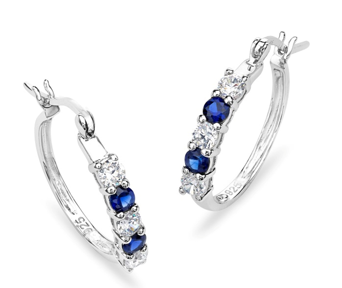 Created Blue Sapphire and CZ Hoops Earrings, Rhodium Plated Sterling Silver