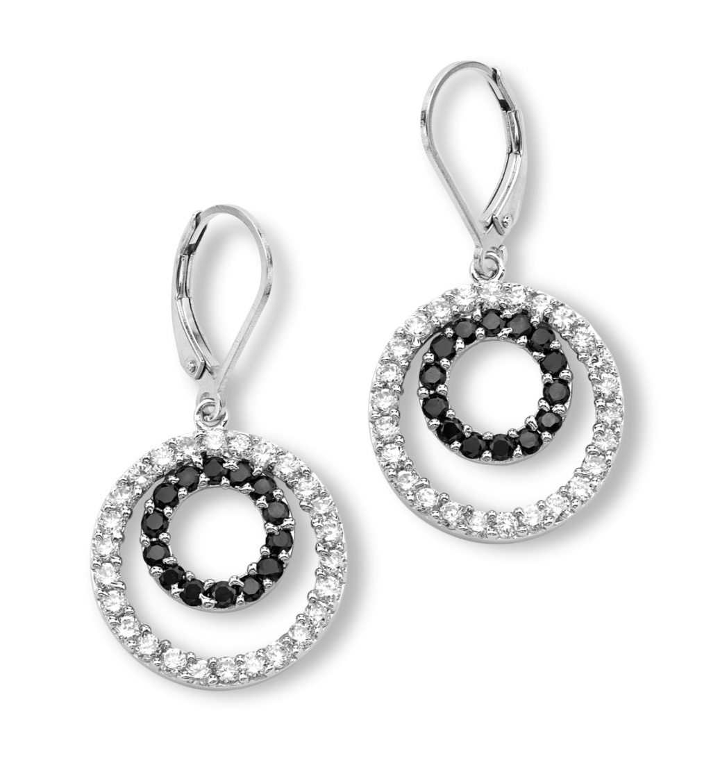 Inlaid Black and White CZ Circle Earrings, Rhodium Plated Sterling Silver