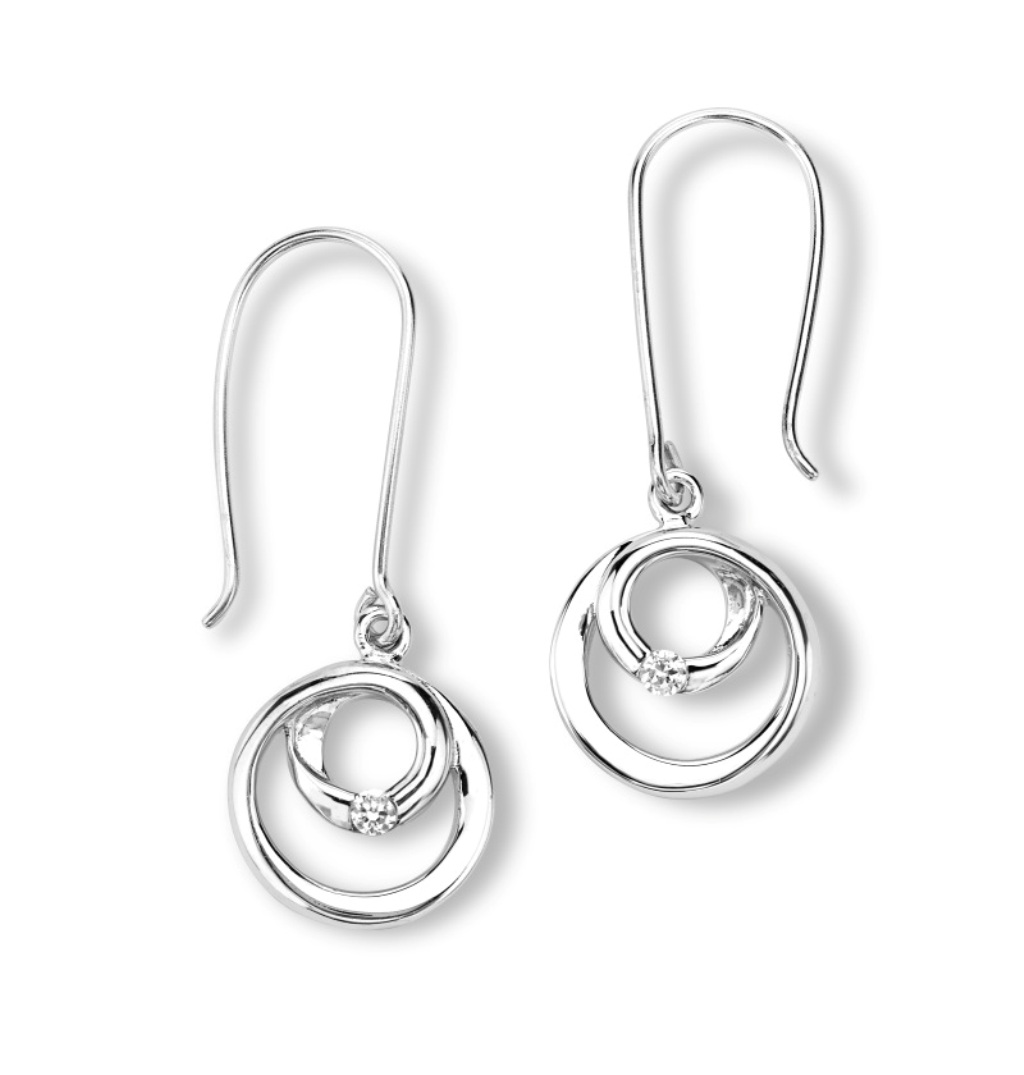 CZ  Mirror Polished Circle Earrings, Rhodium Plated Sterling Silver.