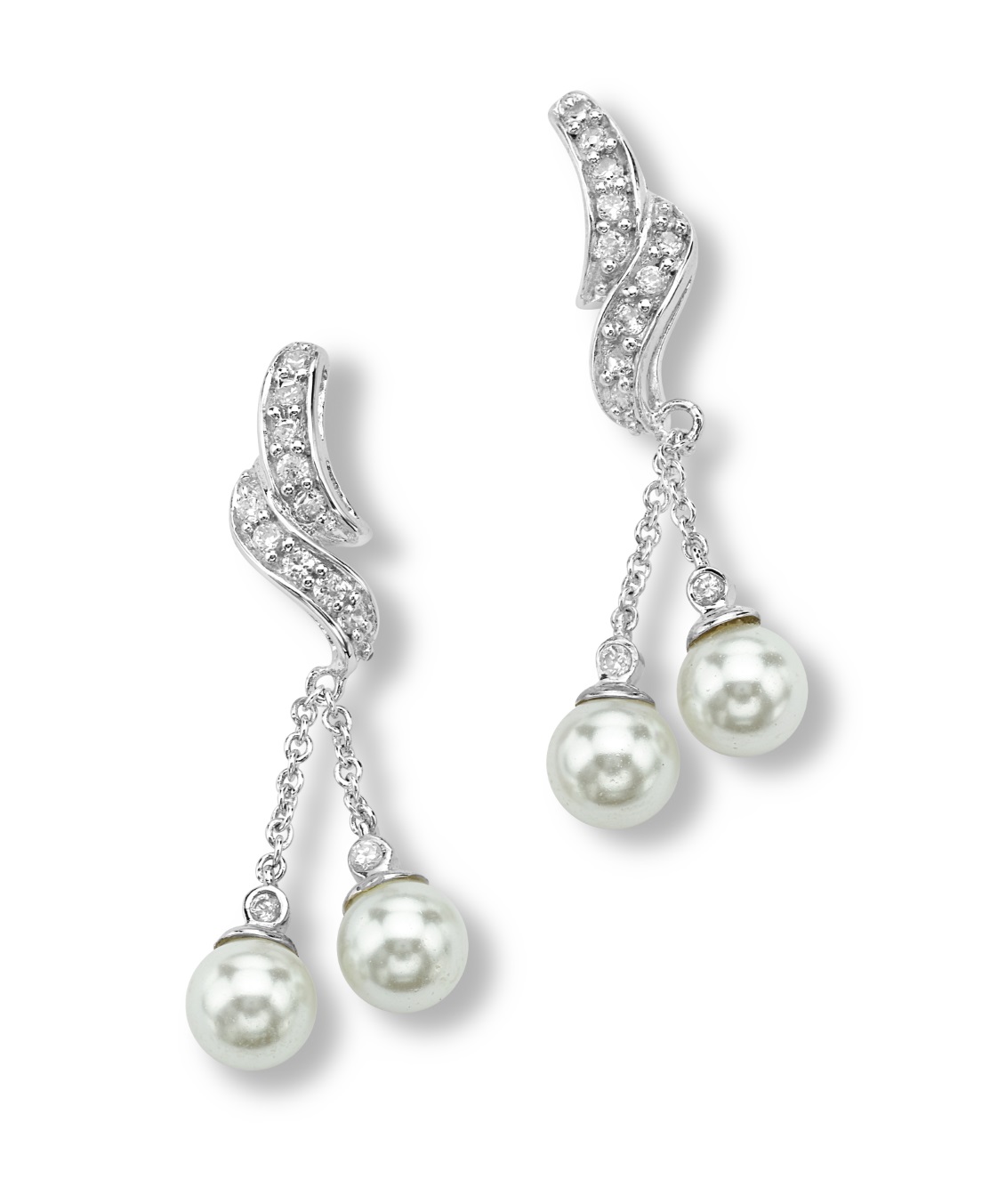 White freshwater cultured pearl and CZ Dangle Earrings, Rhodium Plated Sterling Silver