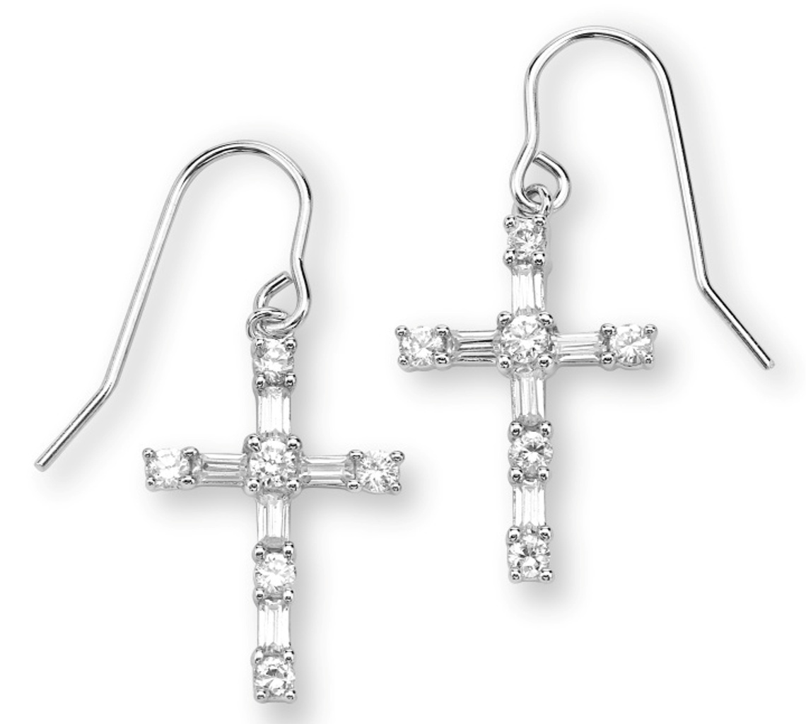 Round CZ Cross Earrings, Rhodium Plated Sterling Silver