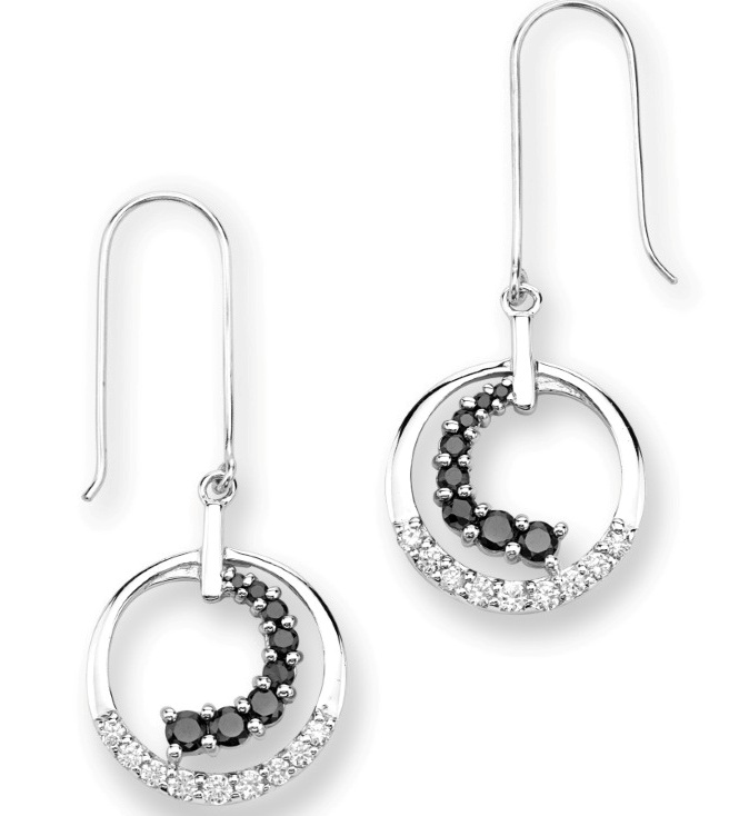 Graduated Black and White CZ Circle Earrings, Rhodium Plated Sterling Silver