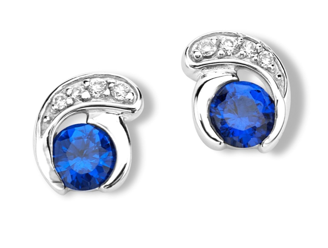 Round Blue Spinel and CZ Stud Earrings, Rhodium Plated Sterling Silver