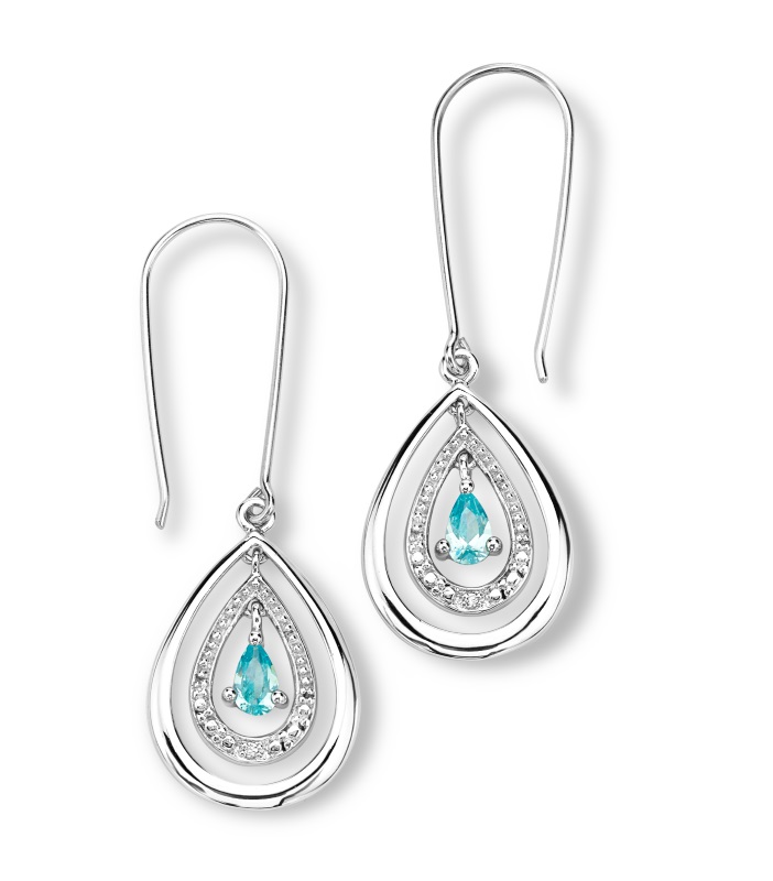 Inlaid Blue Topaz CZ Teardrop Earrings, Rhodium Plated Sterling Silver