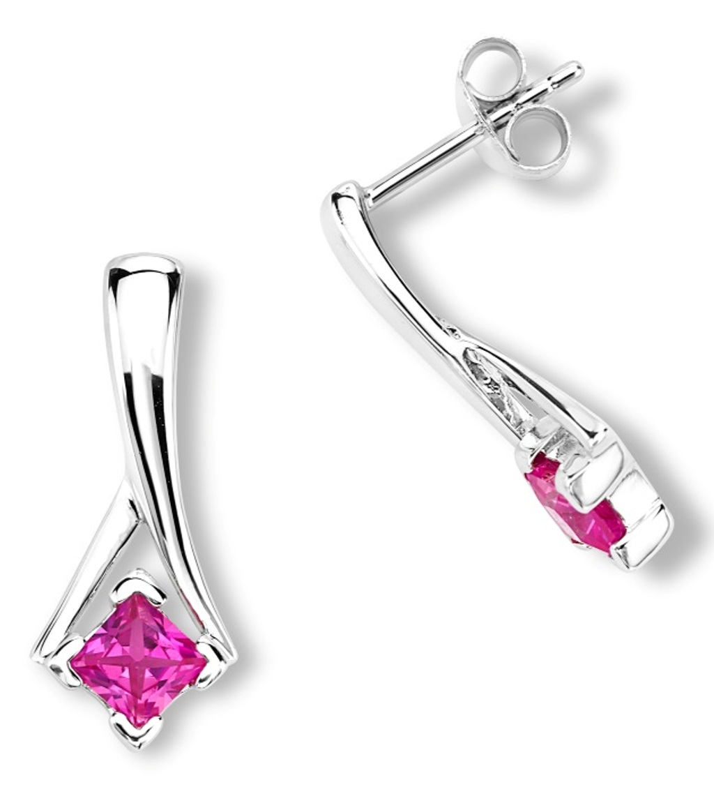 Created Square Pink Sapphire Upside-Down Y Earrings, Rhodium Plated Sterling Silver