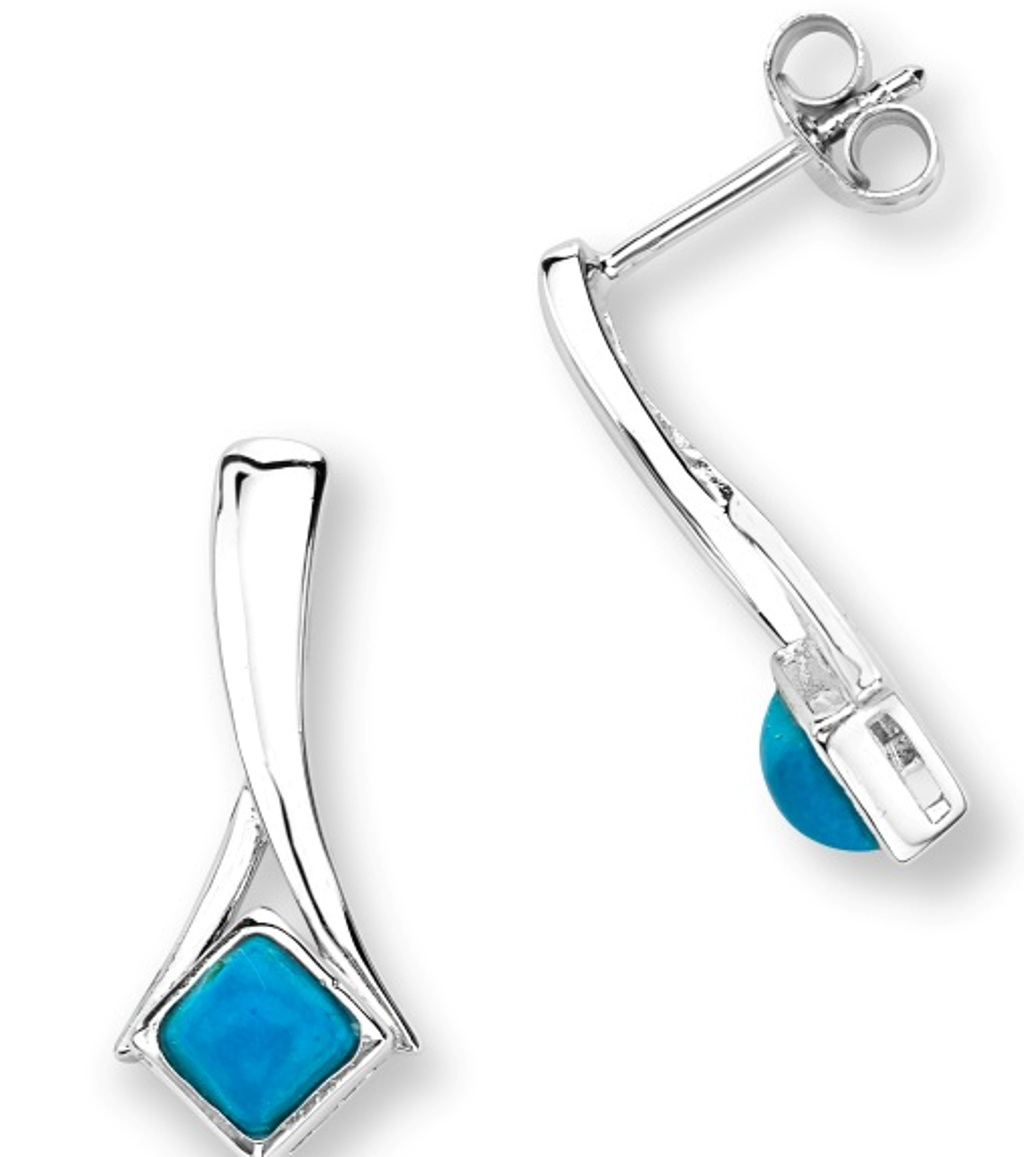 Inlaid Square Turquoise Upside-Down Y Earrings, Rhodium Plated Sterling Silver