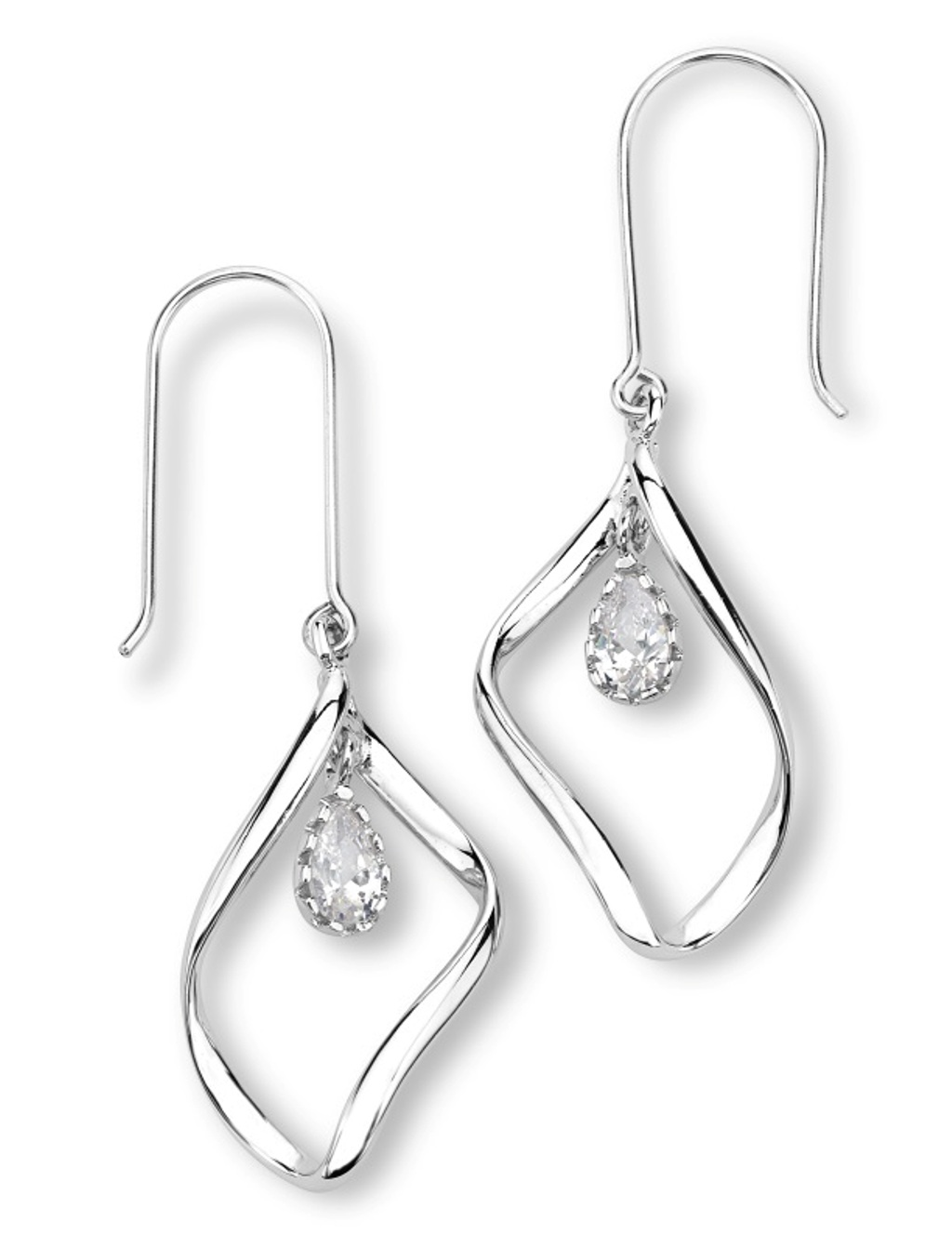 Pear CZ Freeform Earrings, Rhodium Plated Sterling Silver.