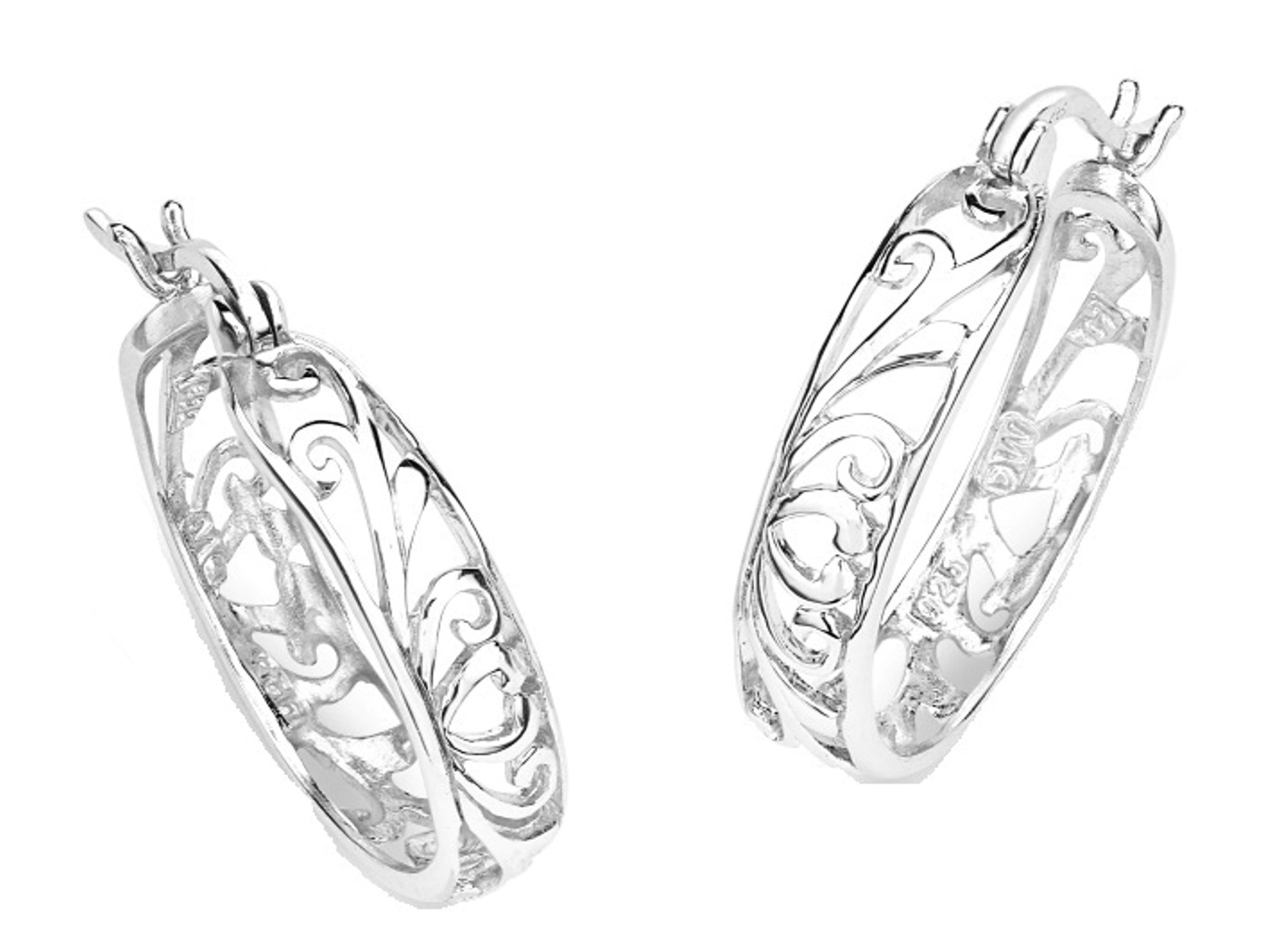 Filigree Design Hoop Earrings, Rhodium Plated Sterling Silver