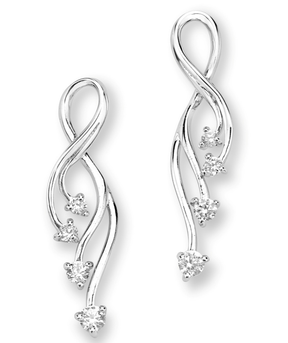 CZ Mirror Polished Swirl Earrings, Rhodium Plated Sterling Silver.