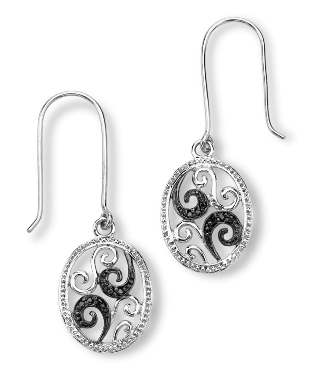 Black and White CZ Swirl Oval Drop Earrings, Rhodium Plated Sterling Silver