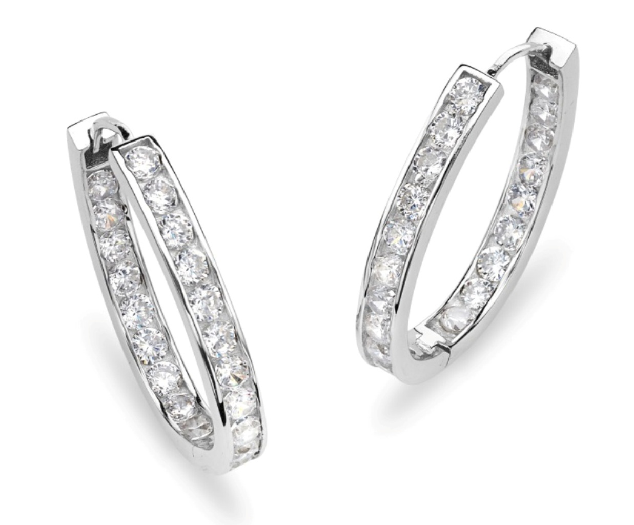 Channel-Set Cubic Zirconia Hoop Earrings, Rhodium Plated Sterling Silver. 
