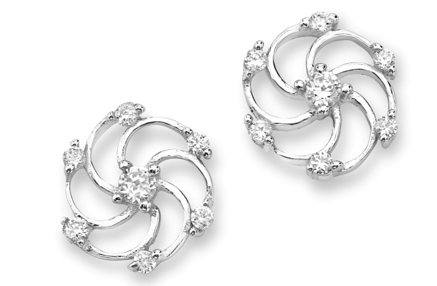 Round CZ Swirl Earrings, Rhodium Plated Sterling Silver.
