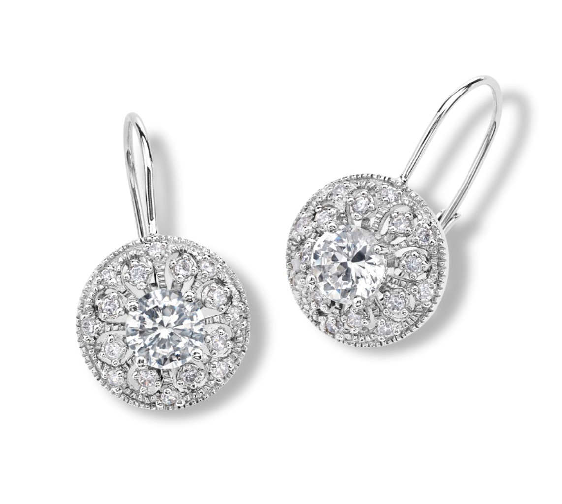 Round CZ Stud  Earrings, Rhodium Plated Sterling Silver.