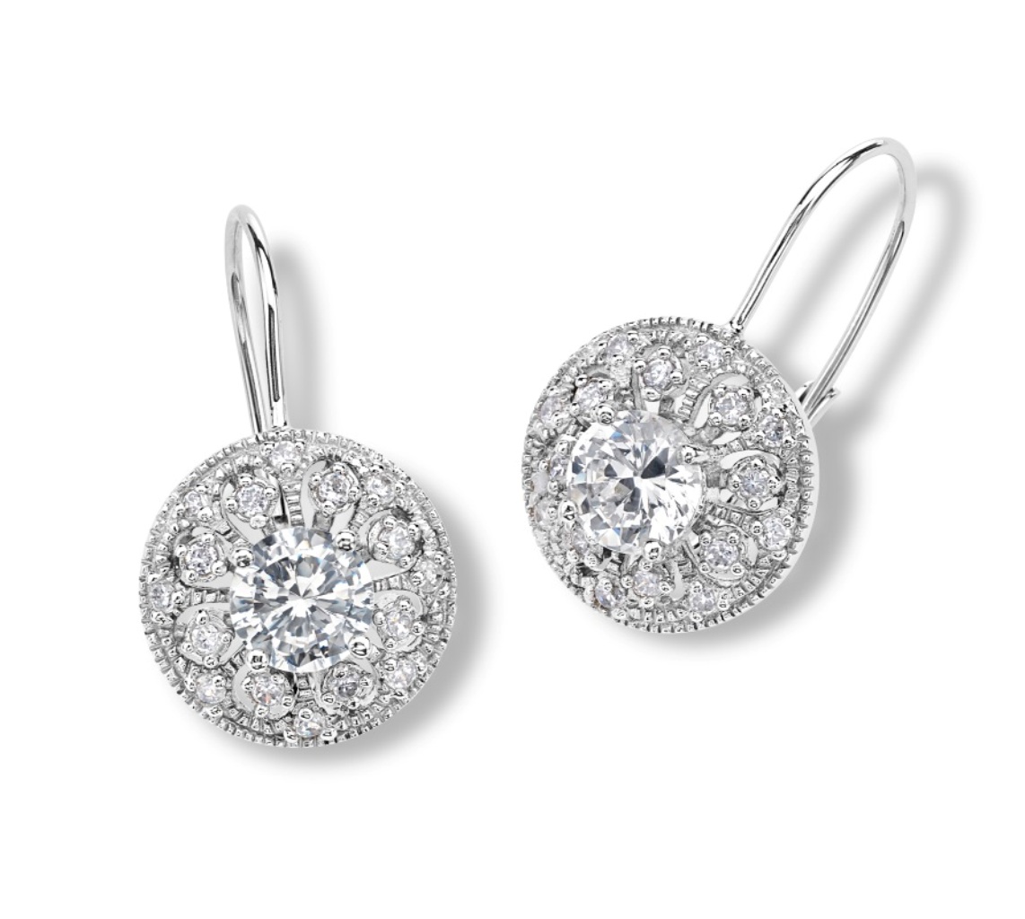 Round CZ Stud  Earrings, Rhodium Plated Sterling Silver.