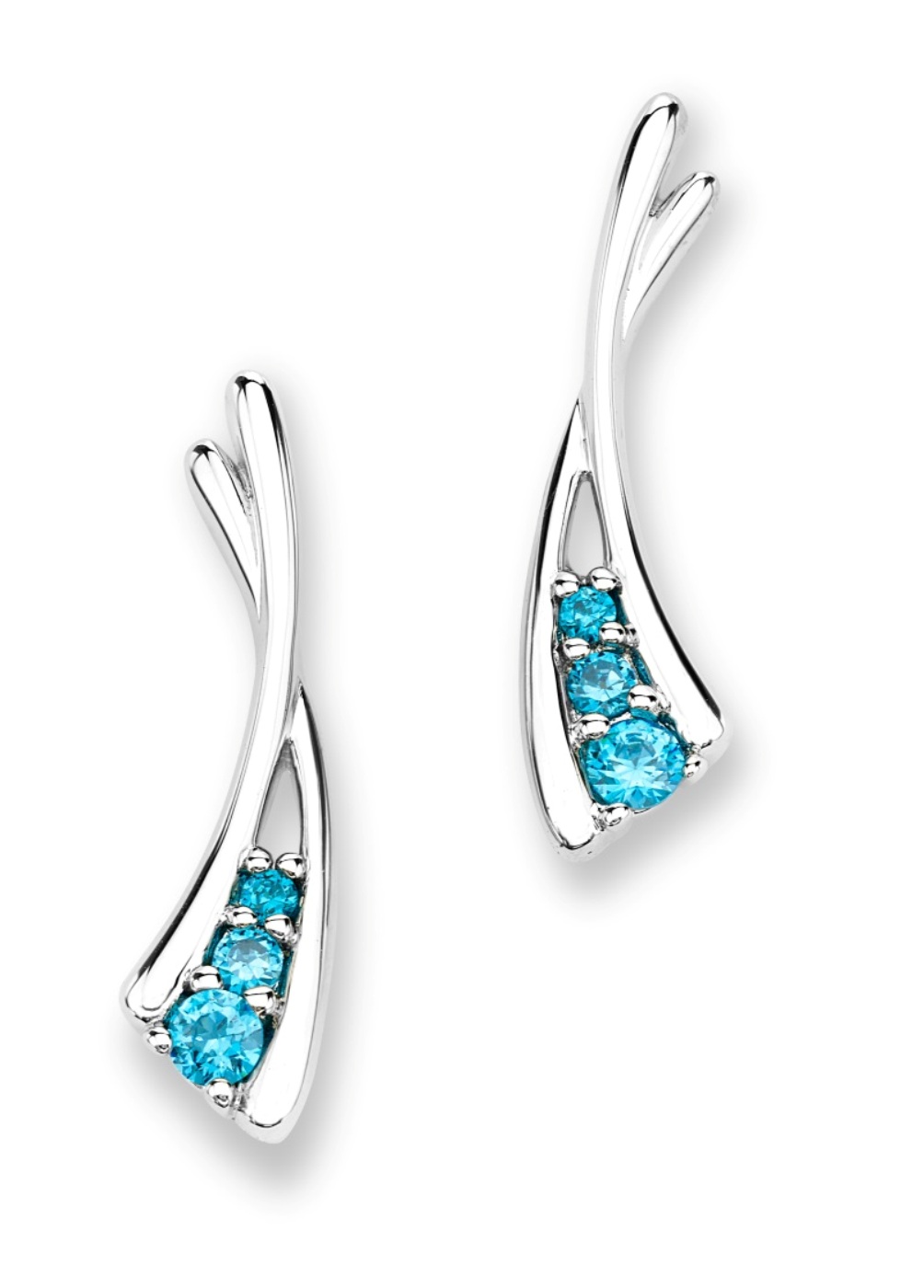 Graduated Blue Topaz CZ Crossover Post Earrings, Rhodium Plated Sterling Silver