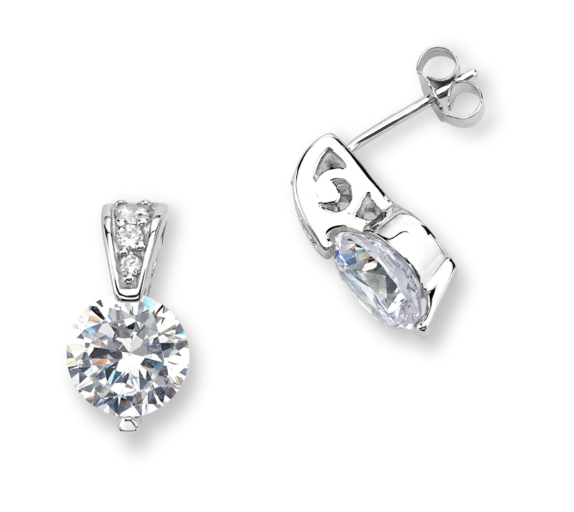 Round CZ Stud Earrings, Rhodium Plated Sterling Silver. 