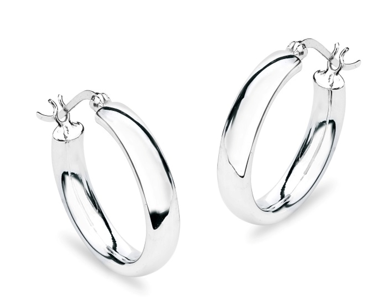 Dome Round Plain Hoop Earrings, Rhodium Plated Sterling Silver