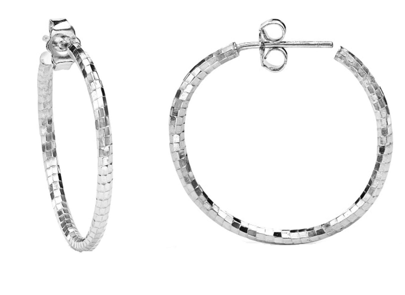 Textured Round Hoop Post Earrings, Rhodium Plated Sterling Silver