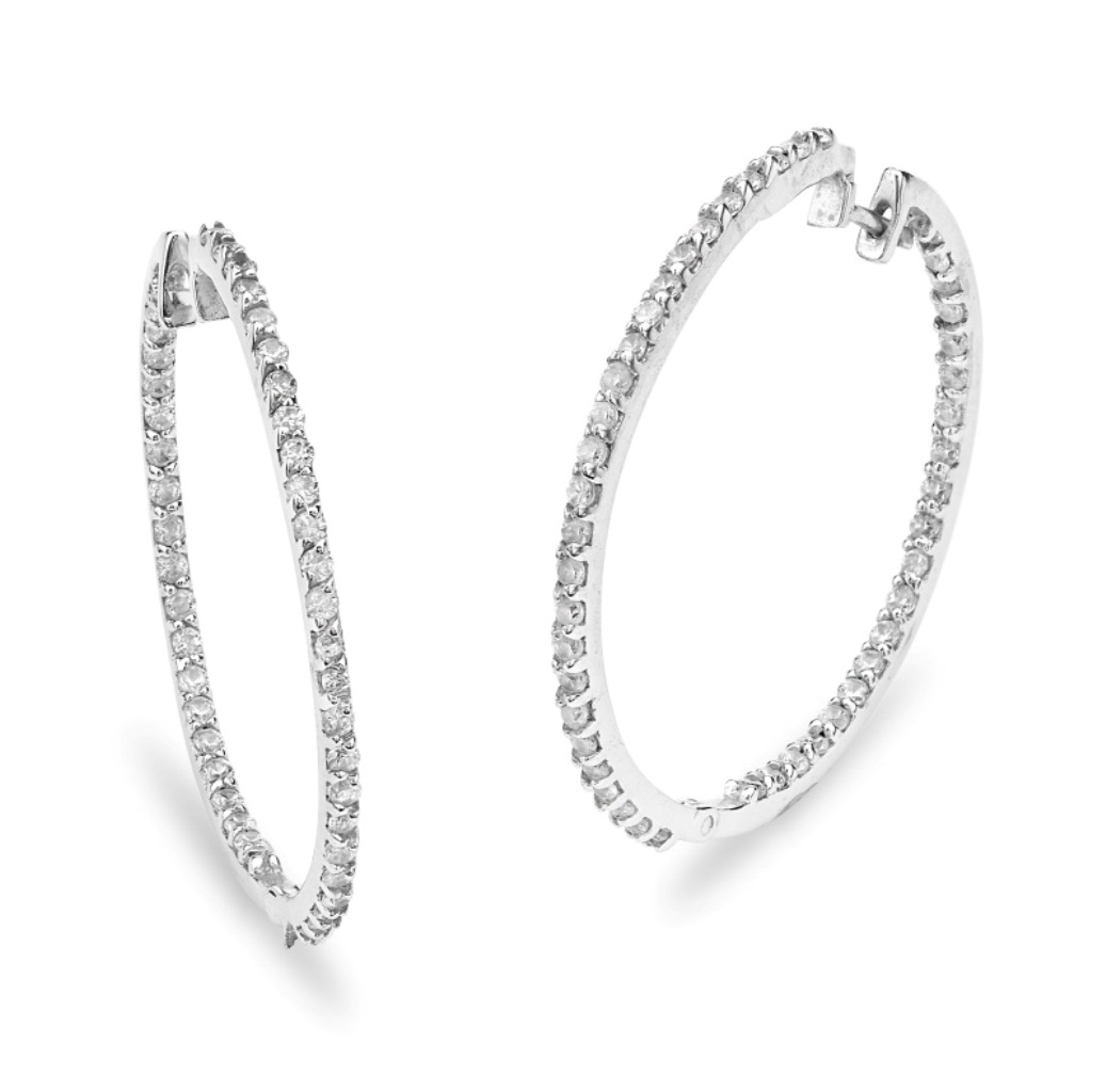 Petite Round CZ Hoop Earrings, Rhodium Plated Sterling Silver. 