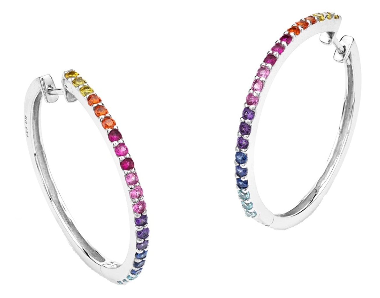 Multi-Color-CZ Front Hoop Earrings, Rhodium Plated Sterling Silver