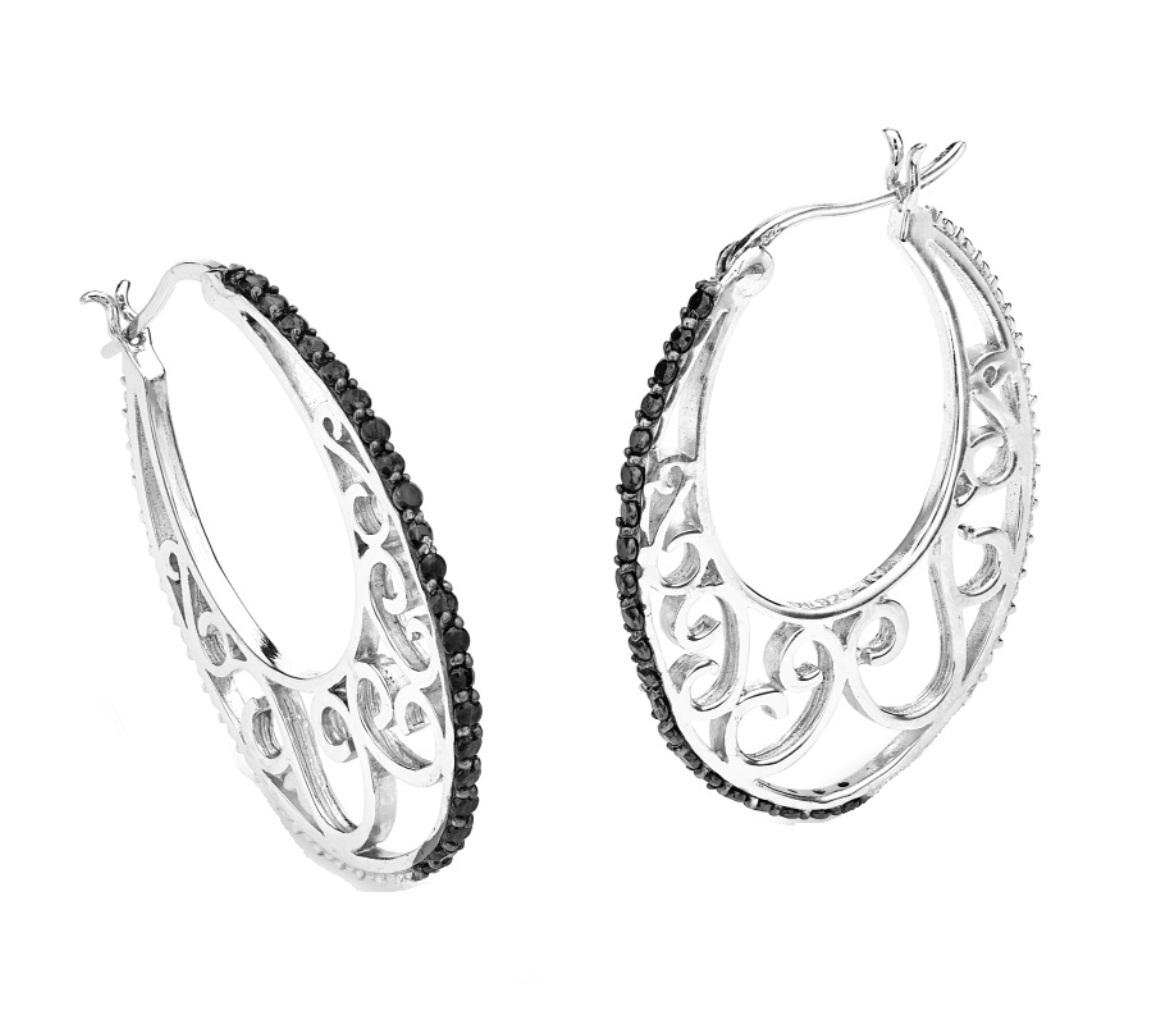 Black CZ Front Filigree Hoop Earrings, Rhodium Plated Sterling Silver
