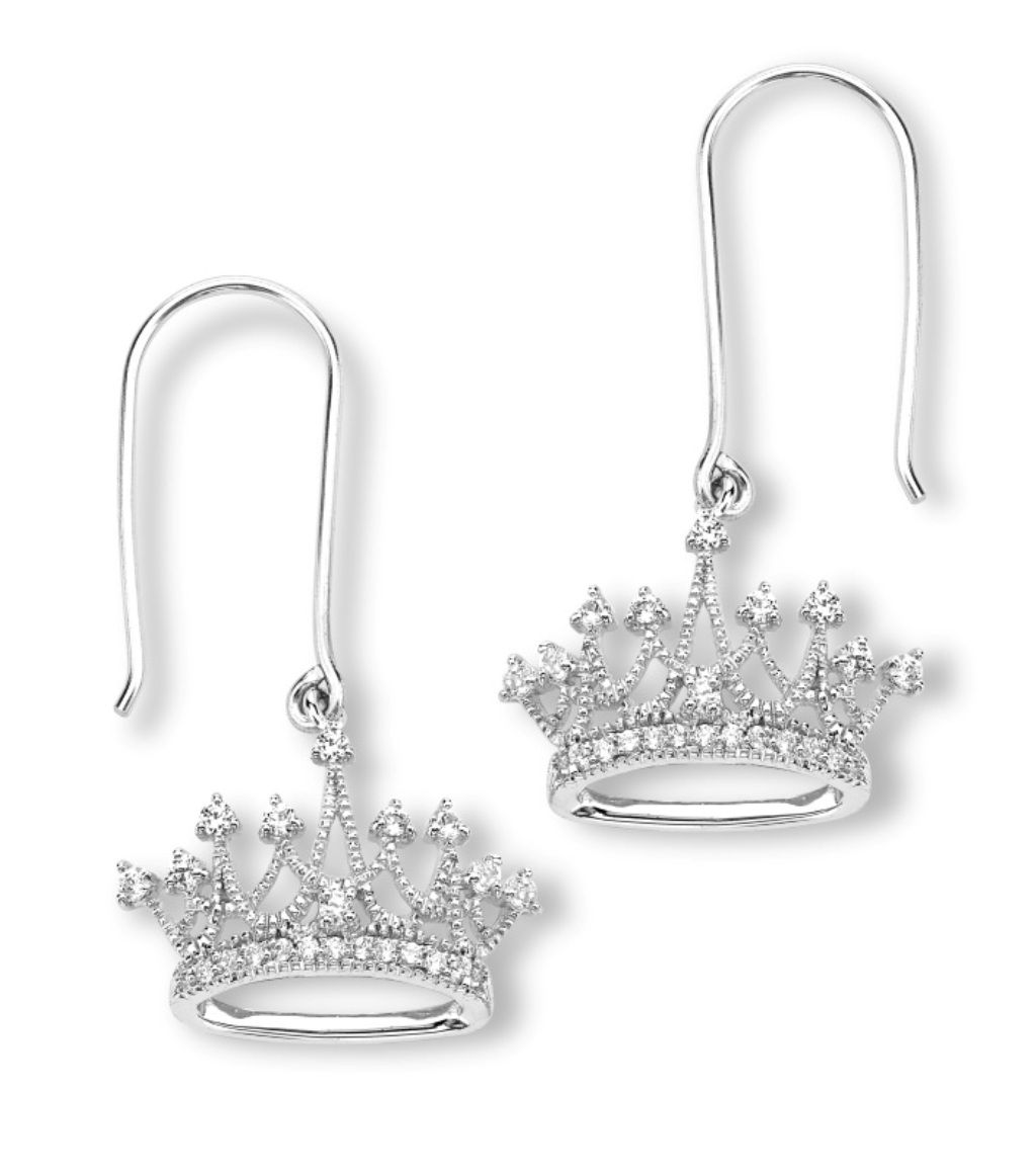 CZ Crown Earrings, Rhodium Plated Sterling Silver.